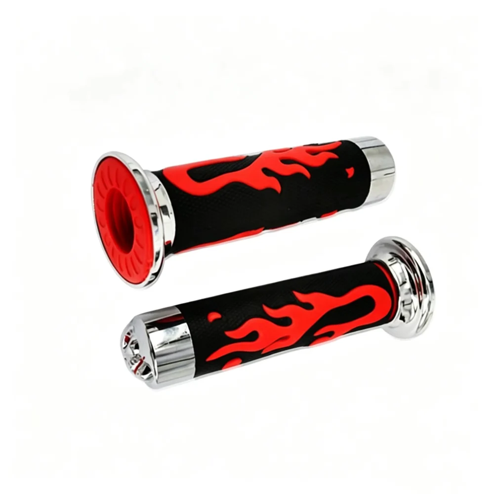SKU-06-Red High Performance Reliable Universal Motorcycle Hand Grips, Flame Skull Rubber Non-Flip Throttle Handlebar 7/8" 22mm 1" 24mm