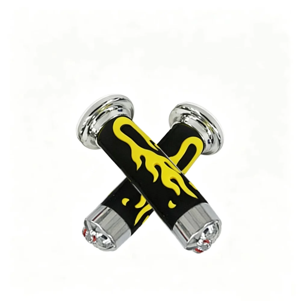 SKU-08-Yellow High Performance Reliable Universal Motorcycle Hand Grips, Flame Skull Rubber Non-Flip Throttle Handlebar 7/8" 22mm 1" 24mm